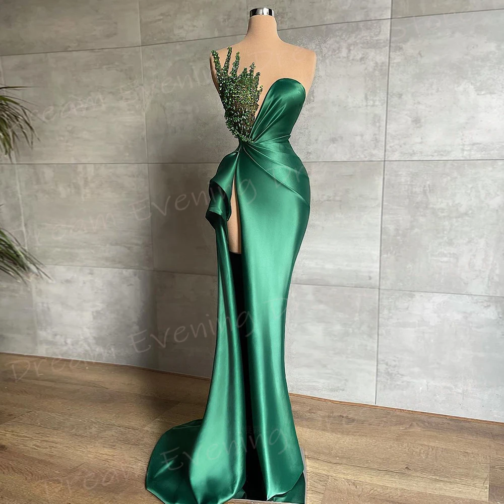 

Classic Green Women's Mermaid Graceful Evening Dresses Fashionable Strapless Prom Gowns Side Split Beaded Robe De Soiree Femmes