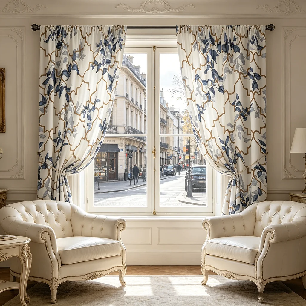 2PCS Curtains, Off-White with Blue Leaves & Gold Lattice Pattern, for Bedroom & Living Room, Rod Pocket Style