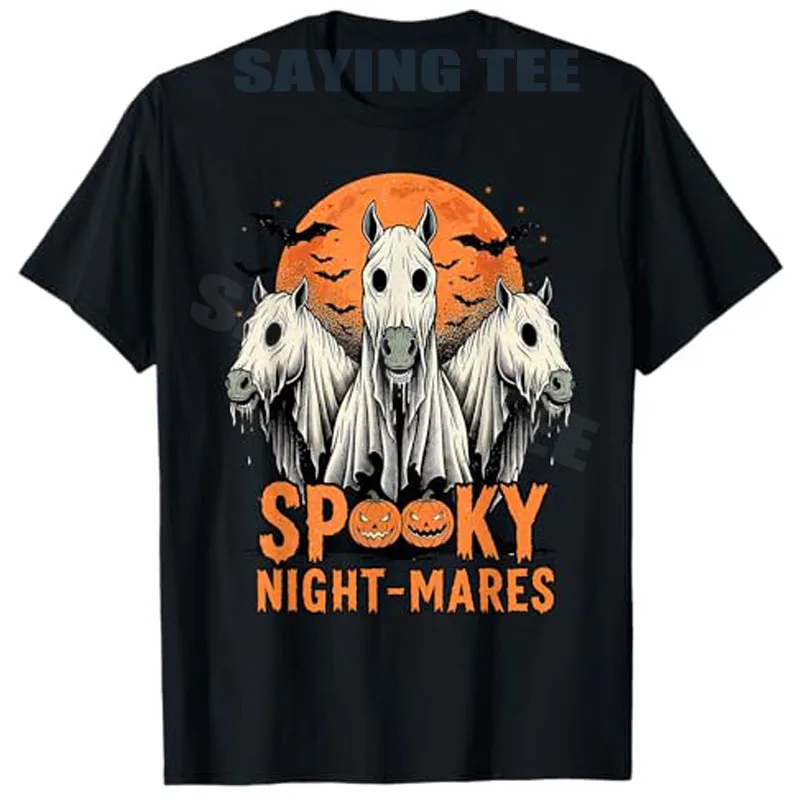 

Horror Retro Spooky Night-Mares Horses Boo Ghosts Halloween T-Shirt Novelty Gift Western Country Y2k Cowboy Saying Tee Graphic
