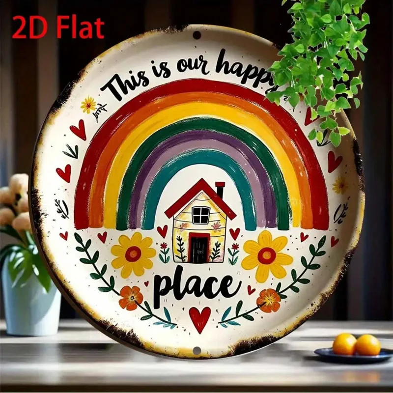 Letrero de chapa de Metal divertido y Retro plano 2D, arte de pared, placa redonda de relieve de imitación de aluminio con diseño "Esta es nuestro lugar feliz", 1 ud.