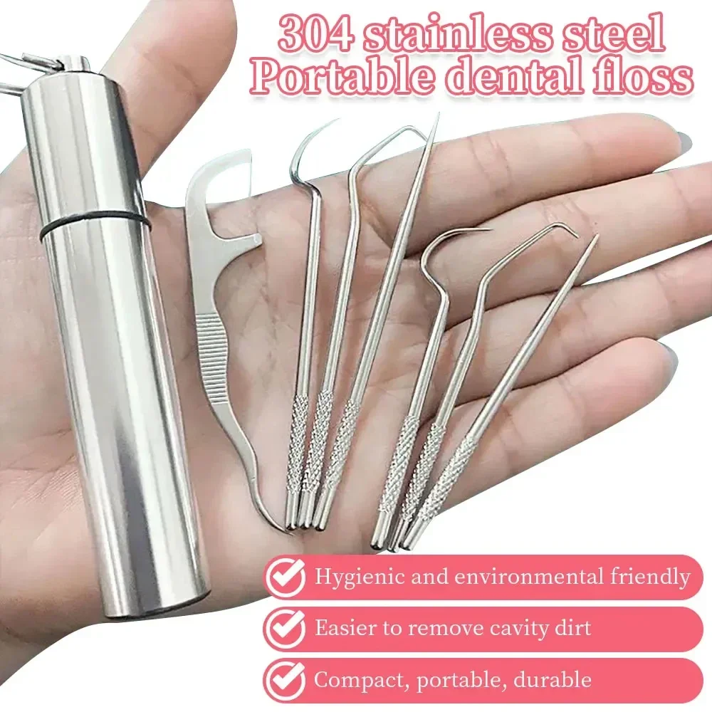 

304 Stainless Steel Toothpick Set Reusable Toothpicks Tooth Flossing Tartar Removal Tool Portable Teeth Oral Cleaning Tools