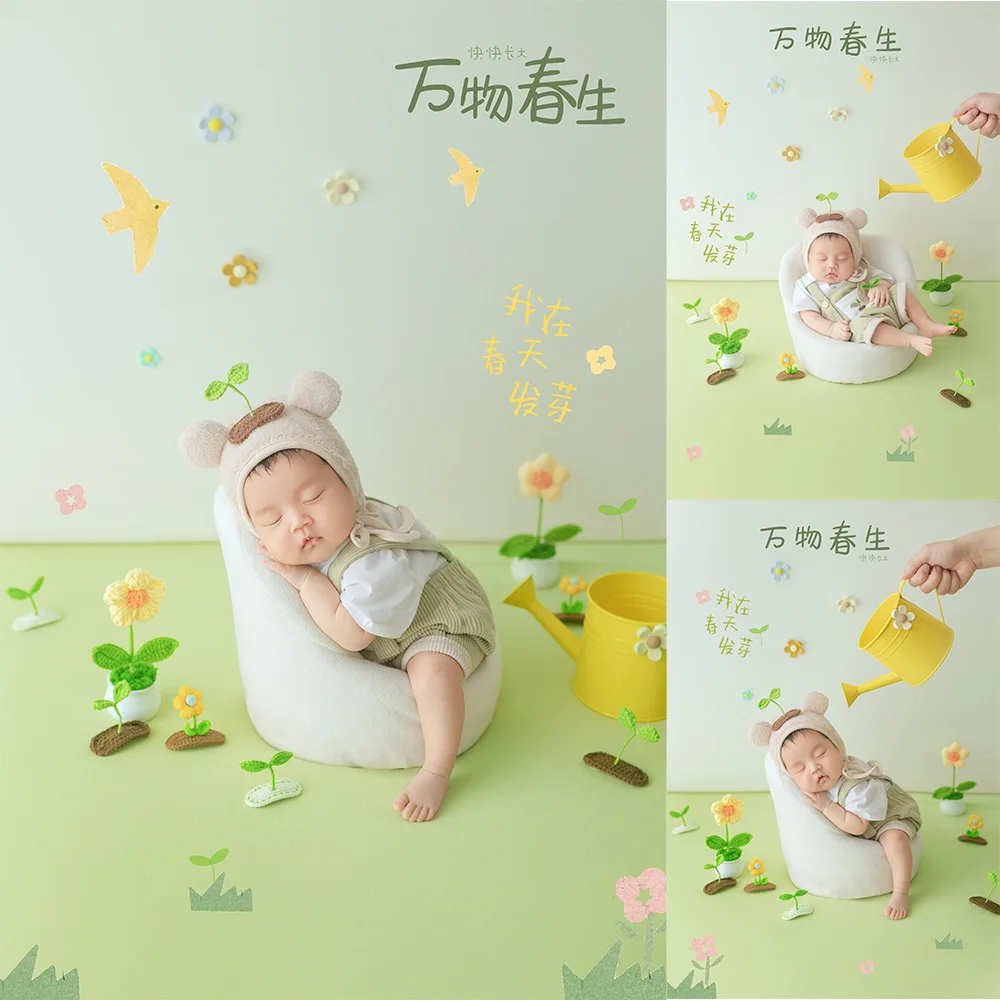 Adorable Baby Growth Memory Photography Props Baby Costume Crochet Flower+tender Shoots Decor for Studio Baby Spring-Theme Photo