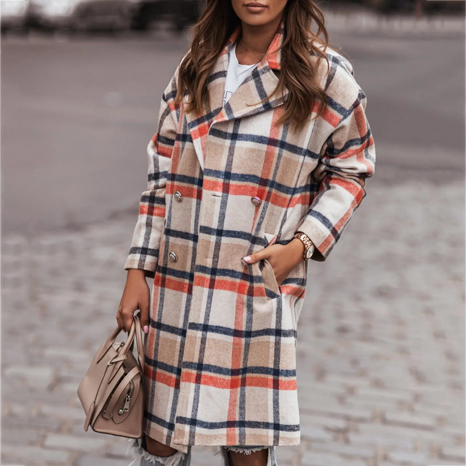 

Ladies Long Sleeve Suit Raglan Sleeves Double Breasted Plaid Print Woolen Jacket Korean Style Streetwear