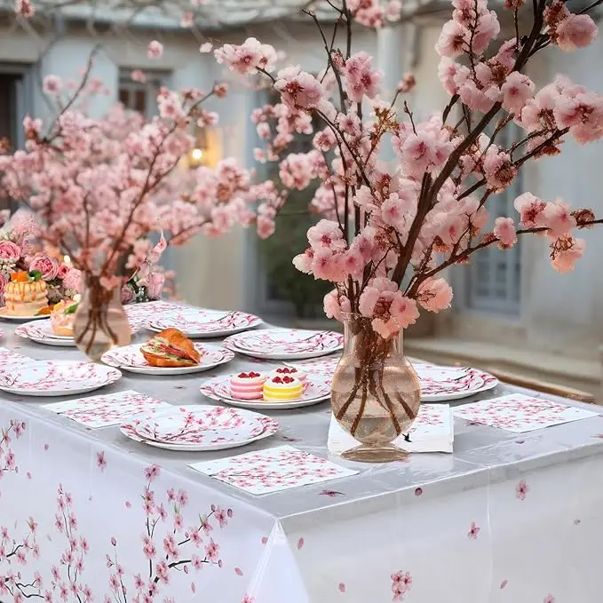 Neues Rosa Kirschblüten Einweggeschirr, Pappteller, Becher, Servietten, Tischdecken, Strohhalme, Hochzeits-, Geburtstagsparty-Zubehör – Detail 11