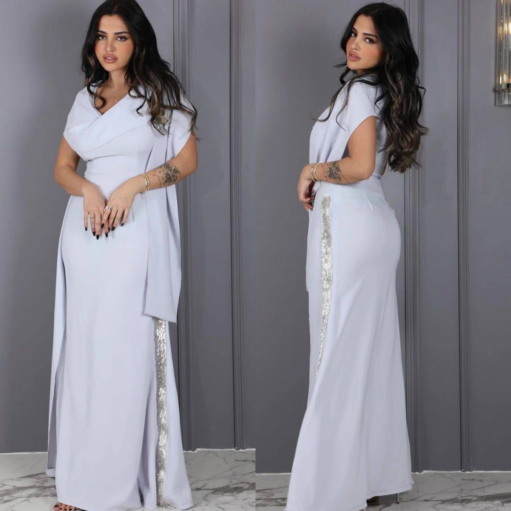 

Customized Classic V-Neck Jersey Prom Dresses with Delicate Sequined Evening Dress Classic Off the Shoulder Party Gowns