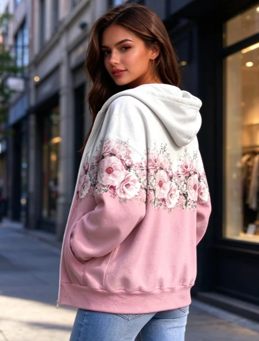 European and American Women's Plus Size Gradient Pink Floral Print Hooded Cardigan Sweatshirt; Zipper Loose Casual Sweatshirt Jacket