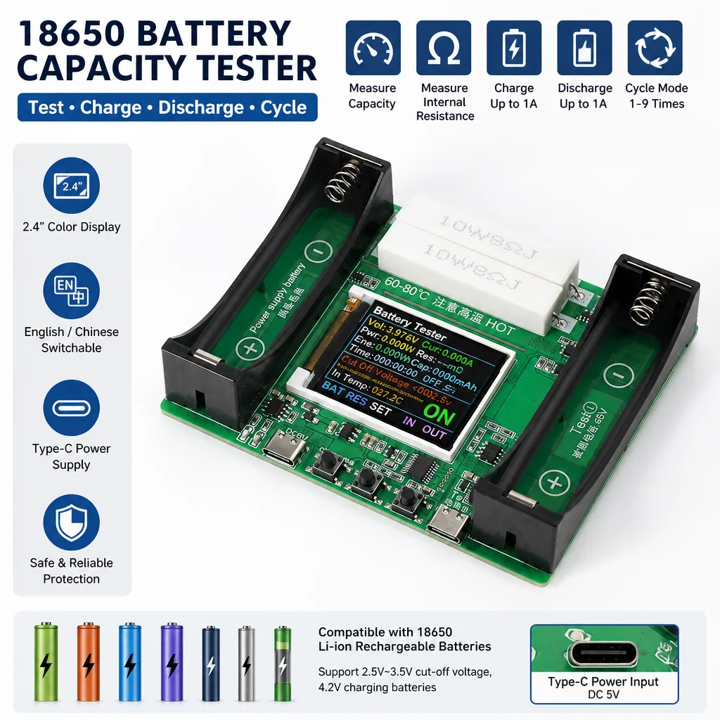 18650 Lithium Battery Internal Resistance Tester with 1A Charging Discharge for Capacity Voltage Current Power Measurement