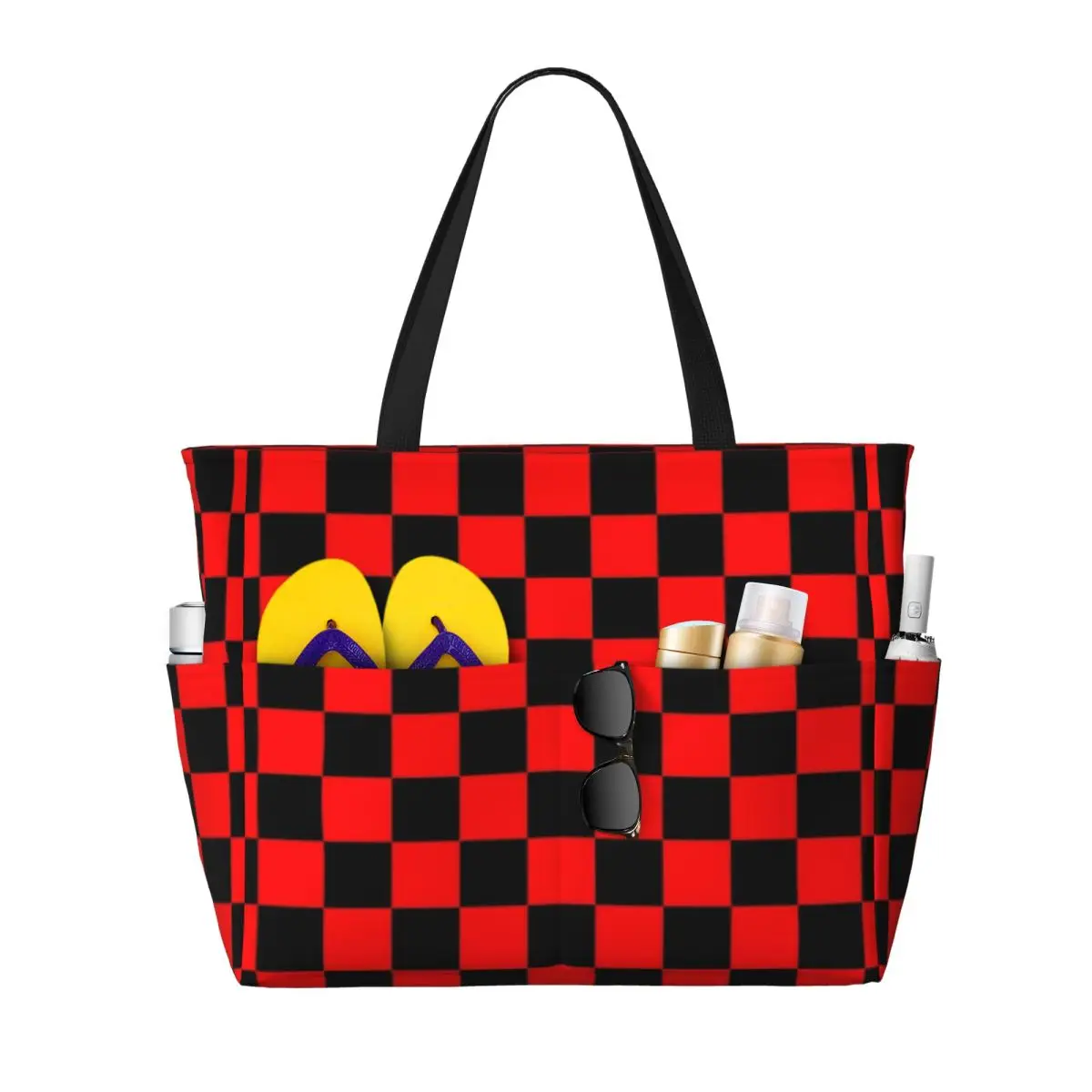 

Red And Black Checkered Beach Tote Bag Sport Gym Yoga Duffle Large Tote Bag Women Travel Bag Fitness bag