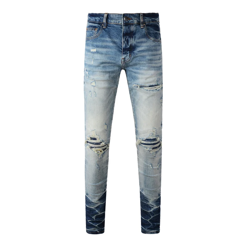 

High Street Fashion Men Jeans Retro Washed Blue Stretch Skinny Fit Ripped Jeans Men Patched Designer Hip Hop Brand Denim Pants