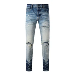 High Street Fashion Männer Jeans Retro Gewaschen Blau Stretch Skinny Fit Zerrissene Jeans Männer Gepatcht Designer Hip Hop Marke Denim Hosen