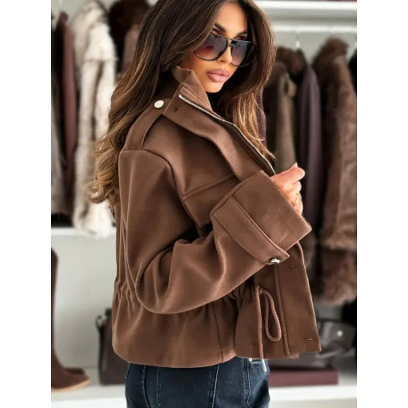 قصيرة نمط الشارع عارضة بلون الرباط سستة المرأة سترة الخريف الشتاء أزياء تنوعا أنيقة معطف طويل الأكمام