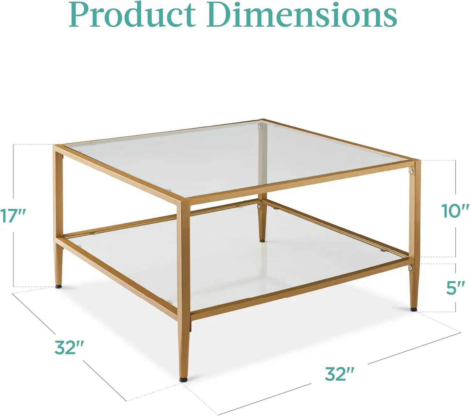 32” Modern 2-Tier Square Coffee Table - Gold Metal Frame with Glass Shelves, Large Accent Furniture for Living Room & Bedroom