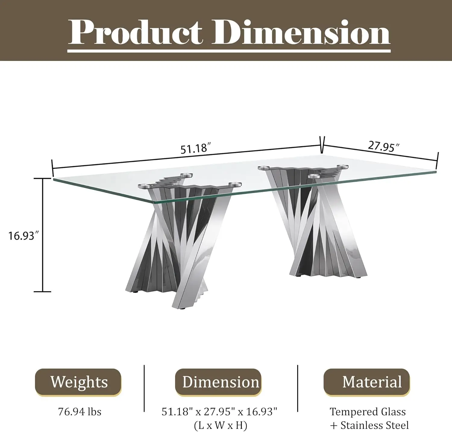 Glass Coffee Table, 51"" Center Table With Tempered Glass Tabletop And Mirror Finish Stainless Steel Legs, Modern Rectangular