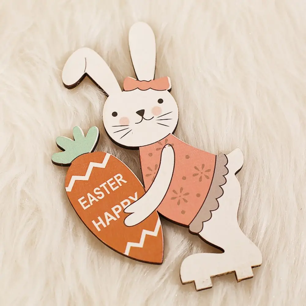 Funny Wood Crafts Easter Rabbit Ornaments DIY Cartoon Carrot-holding Rabbit Figurine Cute Painted Rabbit Ornaments Spring Decor