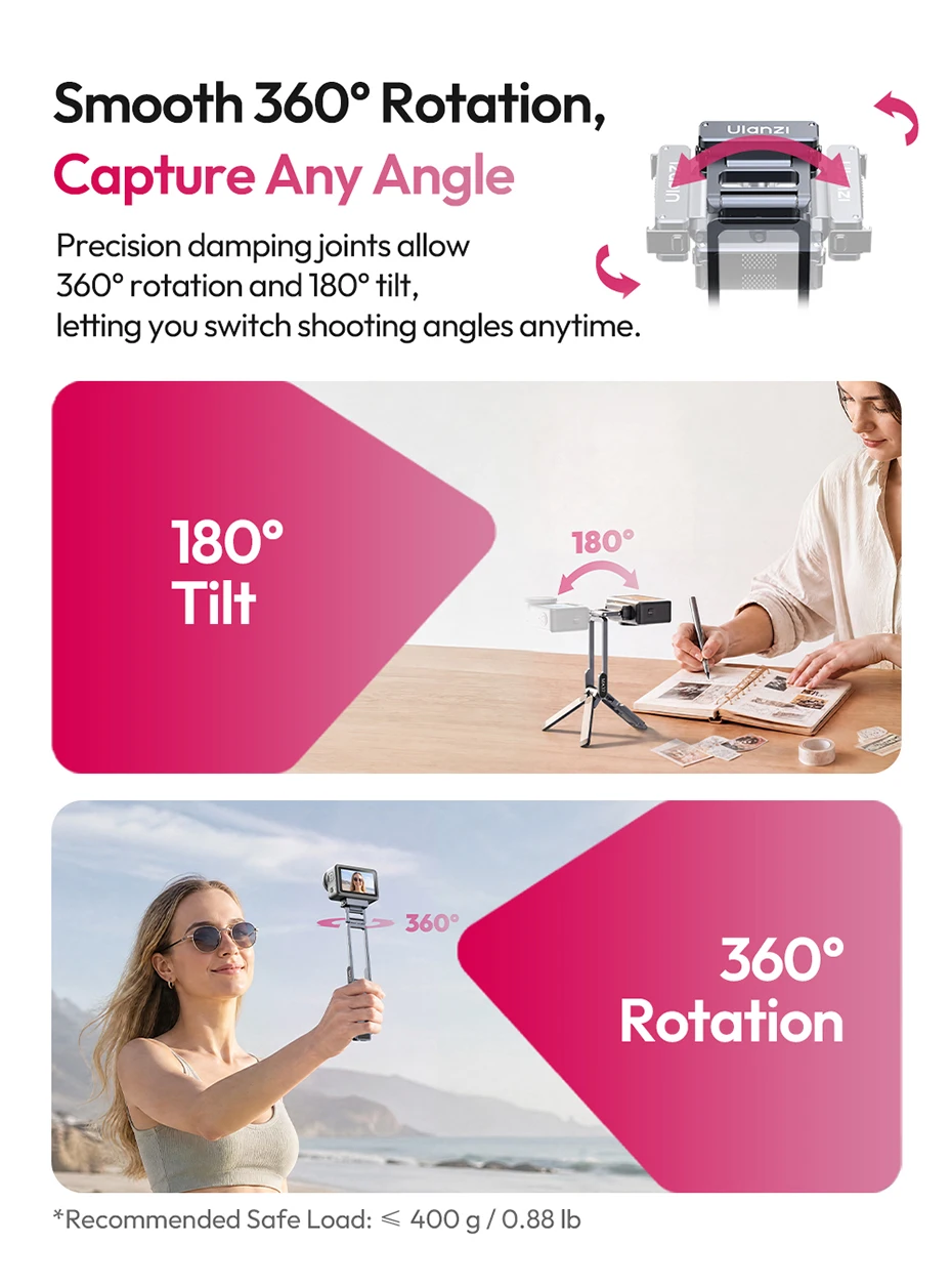 Ulanzi MA37 Schnellverschluss-Mini-Stativ mit Überkopfgriff für DJI Osmo Action 6/Osmo Nano mit 1/4'' Gewinde und Arca-Swiss-Basis – Detail 9