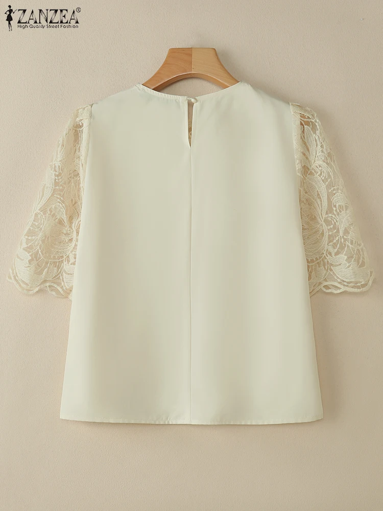 Frauen Sommer Spitze Patchwork Bluse ZANZEA Elegante Büro Arbeit Hemd Mode O Hals Kurzarm Blusas Casual Urlaub Tops Tunika