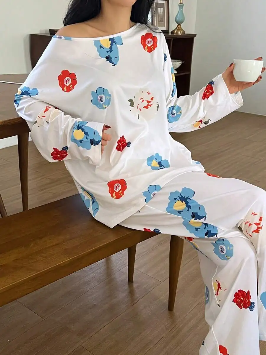 Floral Print Off Shoulder Loose Pajama Set For Women