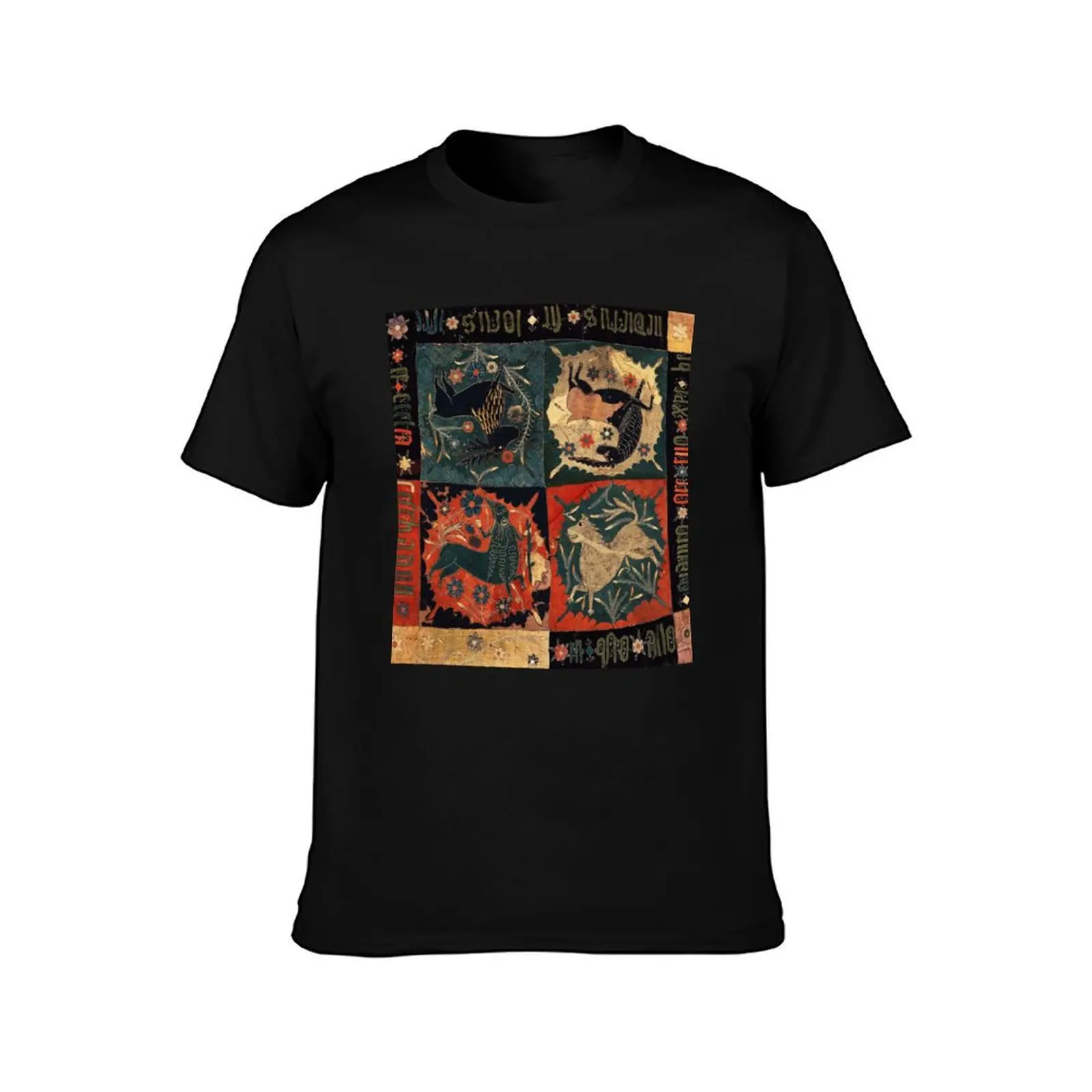 MEDIEVAL BESTIARY DEER UNICORN,CENTAUR AND LION Red Blue Antique Scandinavian Embroidery T-Shirt Summer Casual Cotton Tee