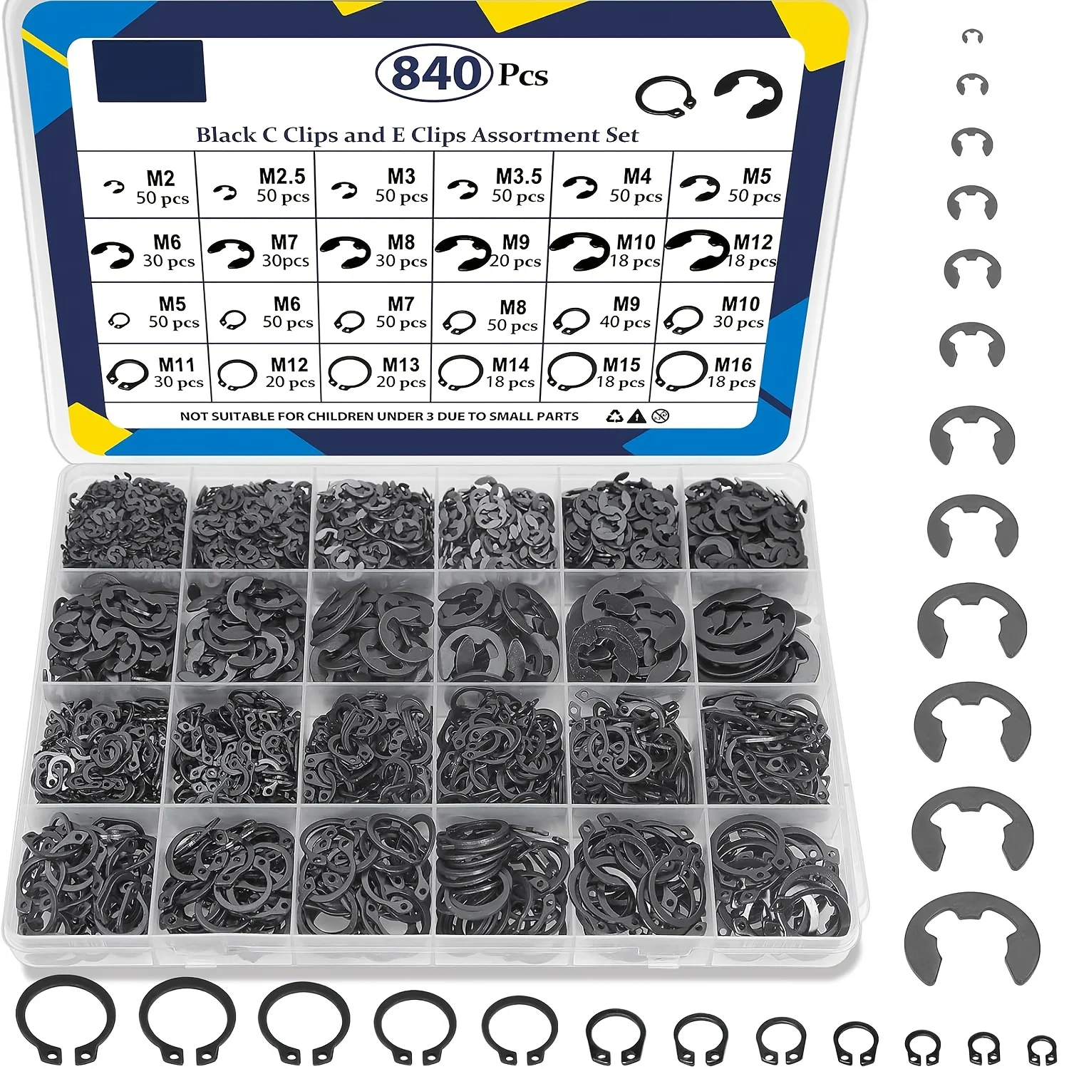 840-Piece C-Clamp Accessory Set (M5-M16) and E-Clamp Accessory Set (2.0Mm-12Mm), External Fixing Rings, 24-Size Snap Ring Combination Kit, Black Carbon Steel Ring Clamps.