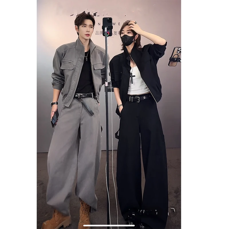 Giacca corta unisex con colletto alla coreana Pantaloni larghi a gamba larga Set Autunno Inverno Nuovo streetwear casual alla moda Moda urbana oversize