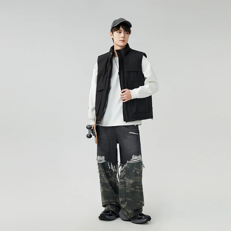 Gilet à col montant de couleur unie, grande poche, vêtements de travail, gilet en coton épais, nouveau manteau confortable à la mode, automne hiver