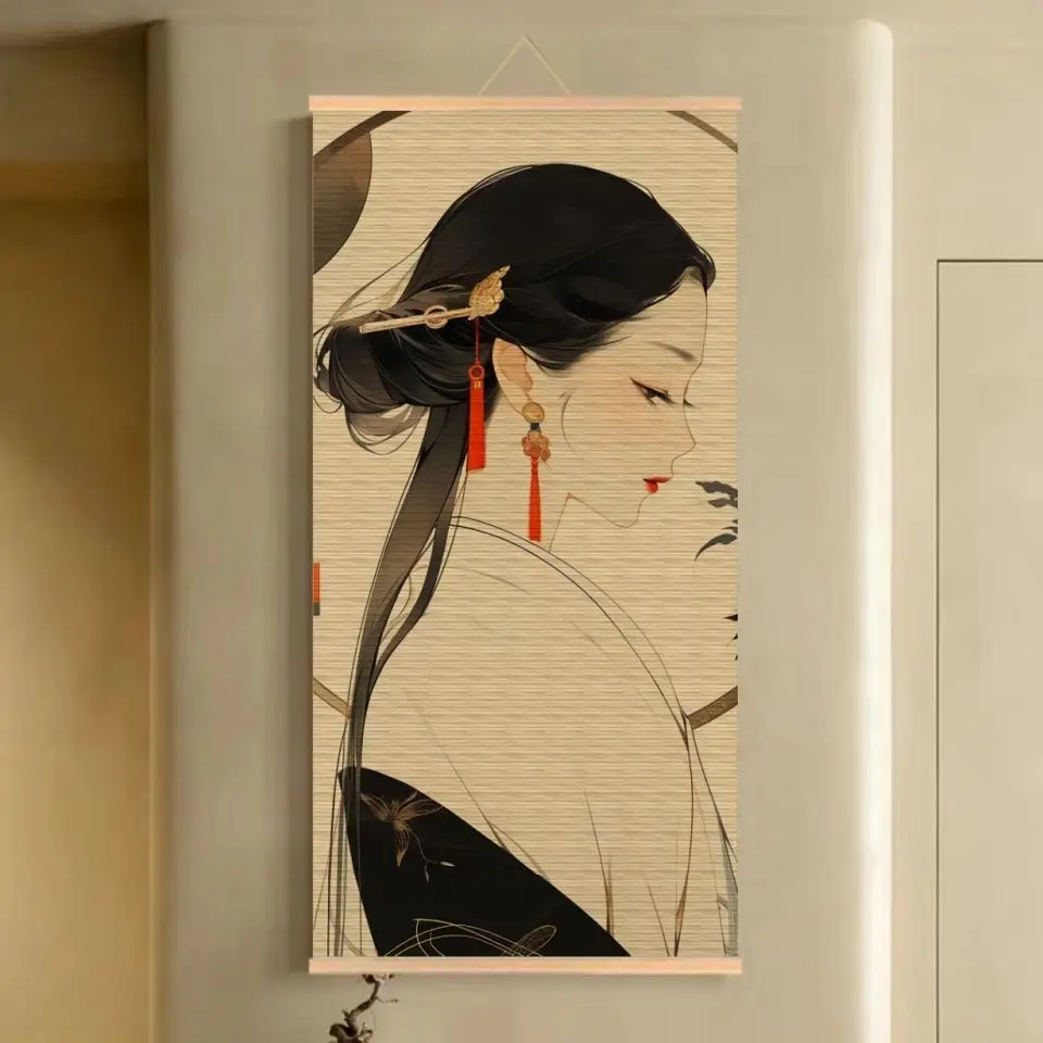Handmade Bamboo Scroll Tapestry Wall Hanging, Classical Lady Ink Painting for Boutique Hotel Bar Living Room House Decor​