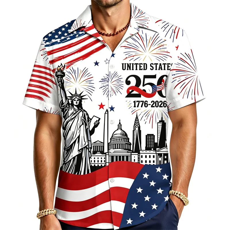 250th Of Independence Hawaii Style Retro Shirt For Men 3D Print Bald Eagle Pattern Single Breasted Oversized Summer Shirts 2026