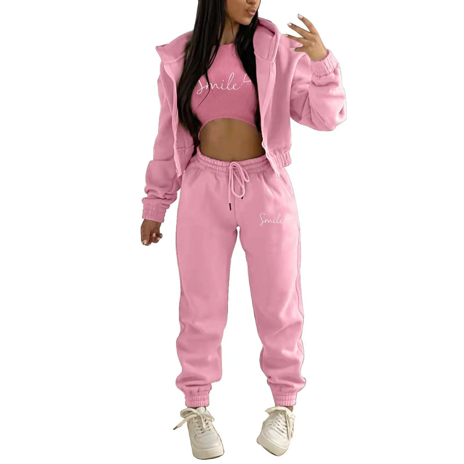 Letter Printing Fashion Winter Jogger Tracksuit Sweatpants and Hoodie Set Leisure Plush Hooded Sports Three Piece Set Women