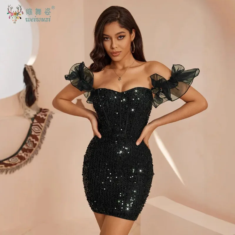 セクシーなスパンコールフリルスパゲッティストラップ背中の開いたレースアップボディコンドレス女性のためのスリムフィットハイウエストファッションイブニングドレス