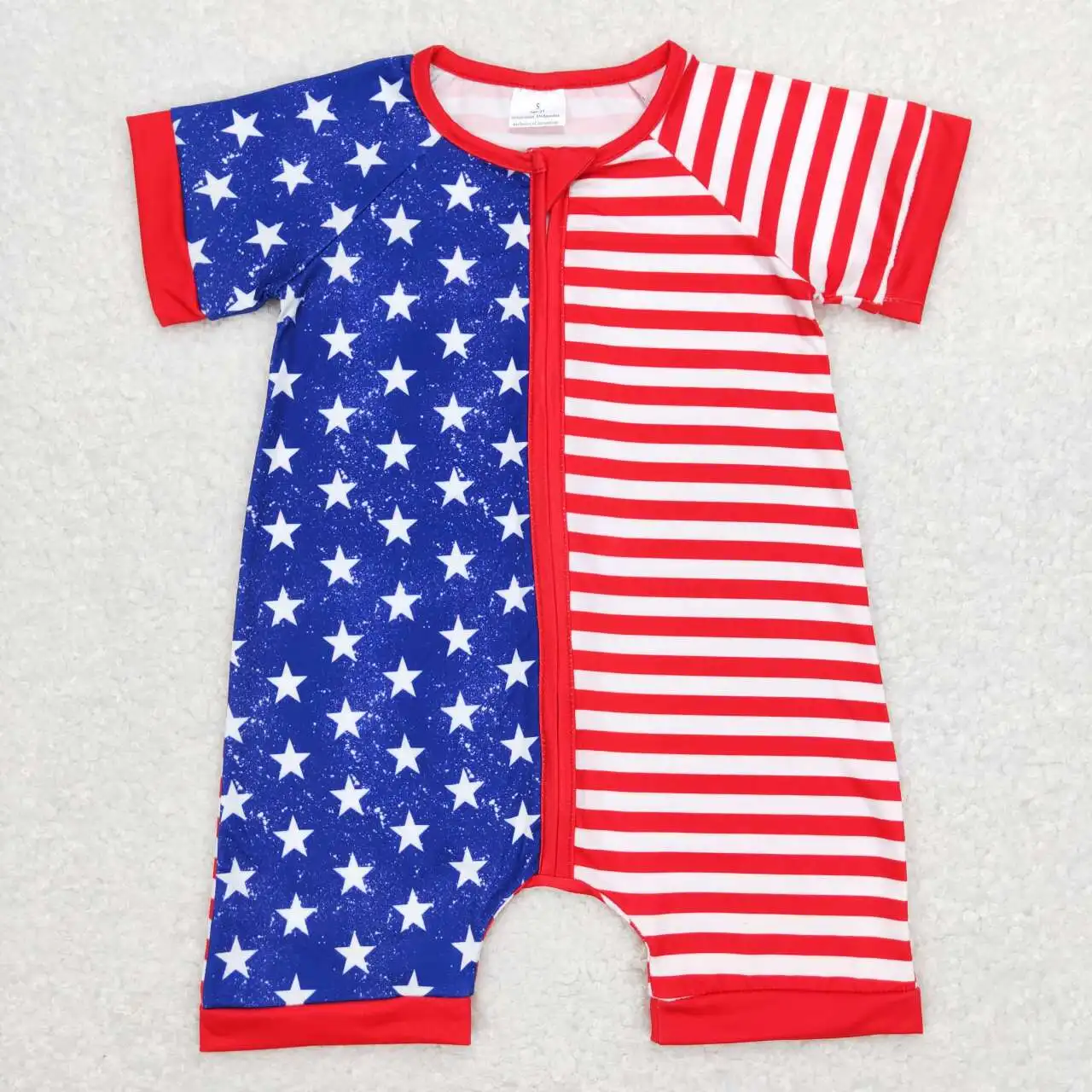 

Wholesale children hot sale baby kids clothes newborn toddler Stars red and white striped zipper short-sleeved jumpsuit