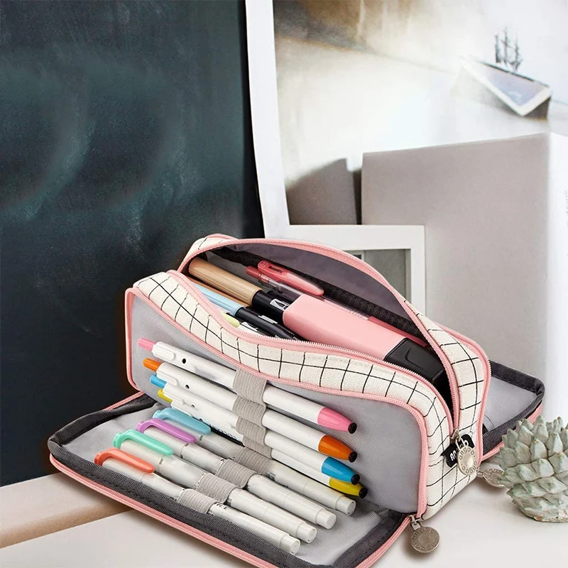 ANGOO 대형 연필 케이스, 대용량 3 칸 캔버스 연필 파우치, 남아 여학생, A