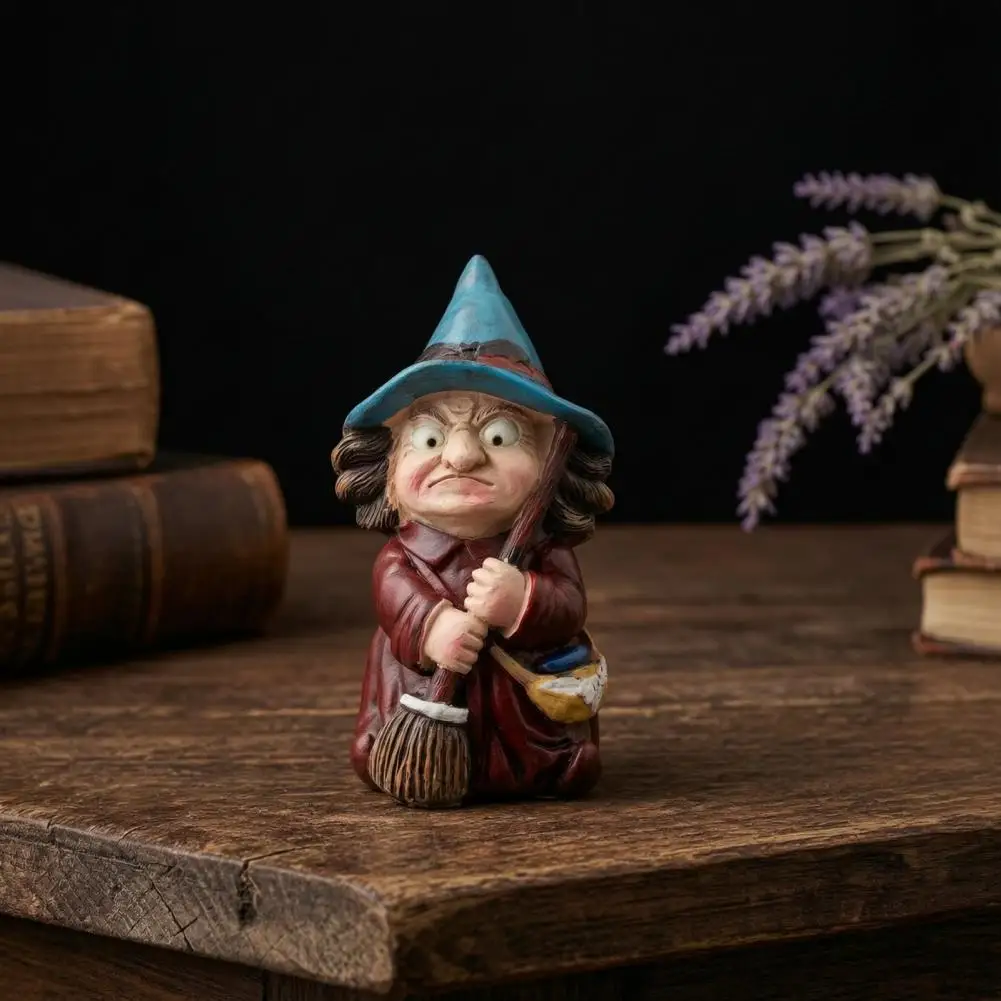 Halloween Witch Ornament Halloween Desk Decor Witch on Broomstick Resin Figurine Halloween Gnome Statue with Hat for Shelf