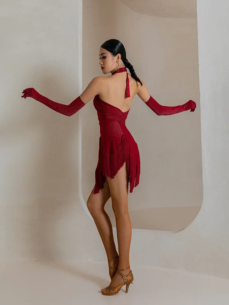 Robe de Régions ba pour la Pratique de la brevLatine, Costume de Samba, Tango, Vêtement Professionnel, Moderne, Standard, Rouge, Frange Sexy