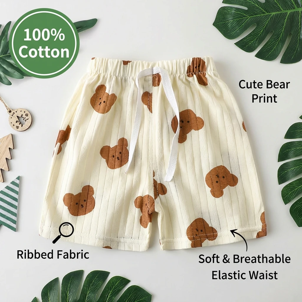 Sommer-Baby-Shorts aus 100% Baumwolle, gerippte Kleinkind-Jungen-Shorts mit süßem Bären-Print, lässige Baby-Mädchen-Kleidung, kurze Hosen für Säuglinge, Spielkleidung