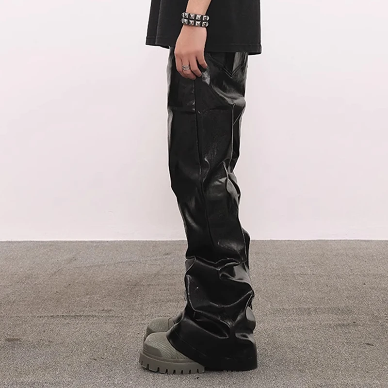 MWJQ Vintage RO Style PU Leather Pants Male American Coating Fashion Slmming Full Length Boot Cut Trousers Spring New 010063