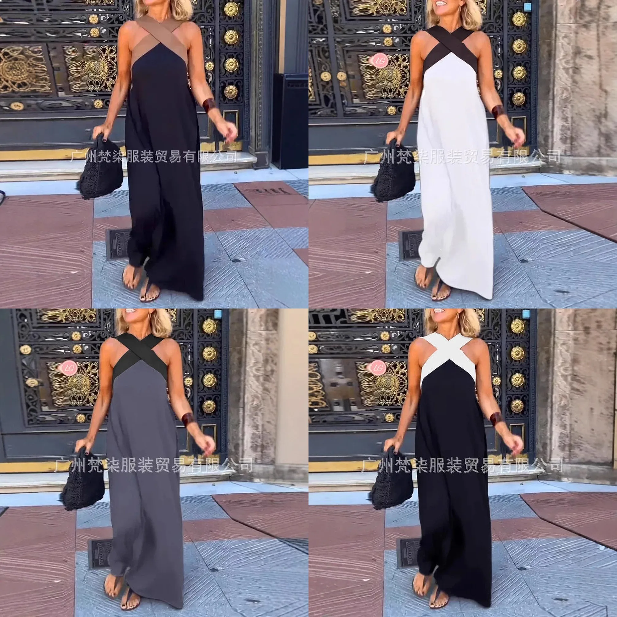 

Summer Spring Cross Neck Tie Dresses Loose Long Dress Jumpsuit Playsuit Matching Set