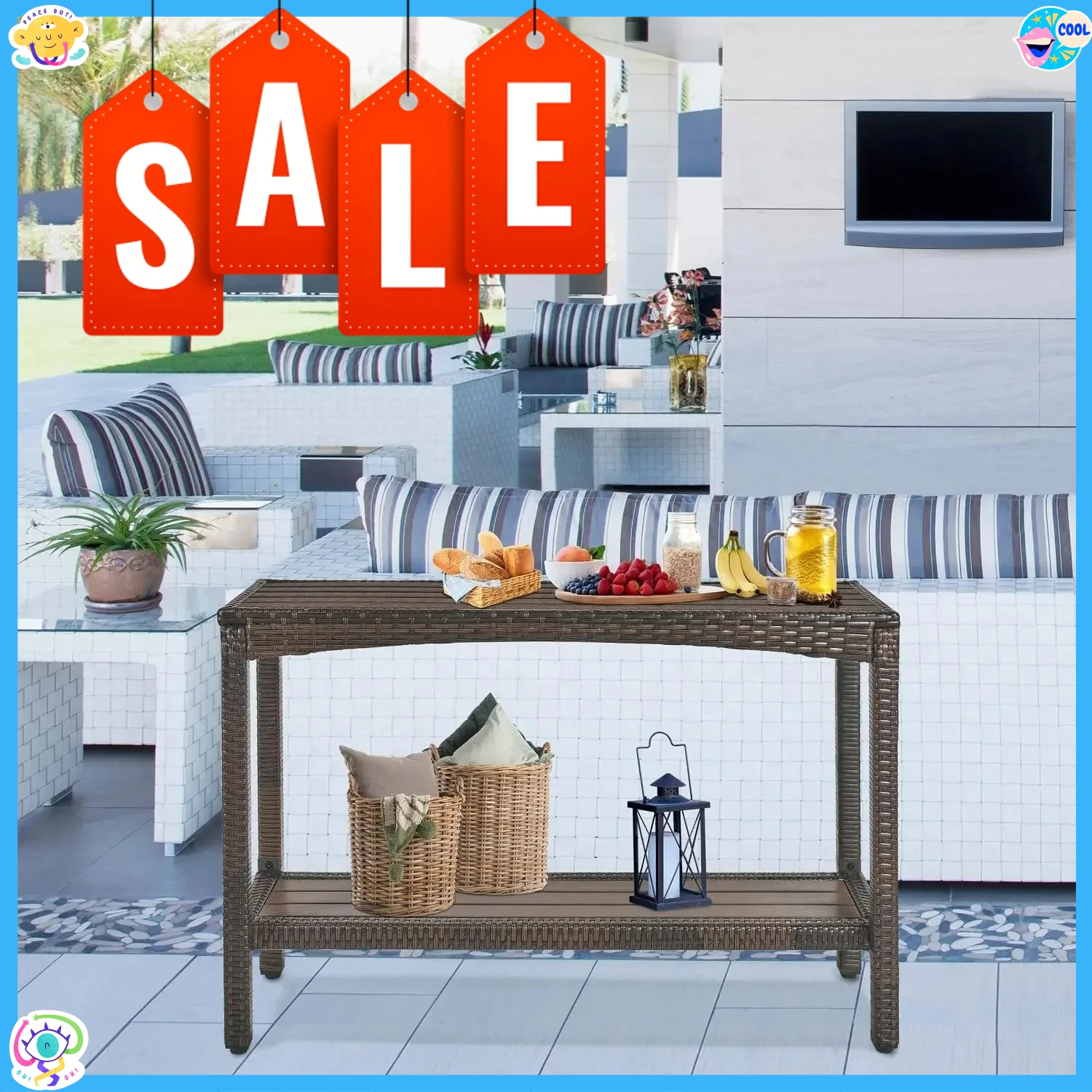 

Outdoor Console Table Patio Buffet Bar Storage Organizer 45" Long Wicker Sofa Serving Sideboard Table 2-Shelf Outdoor