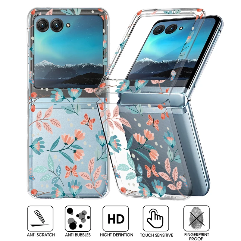 Flowers Pattern Clear Folding Case For Motorola Razr 40 50 Ultra Razr40 Razr50 Shockproof Bumper Transparent Hard PC Phone Cover