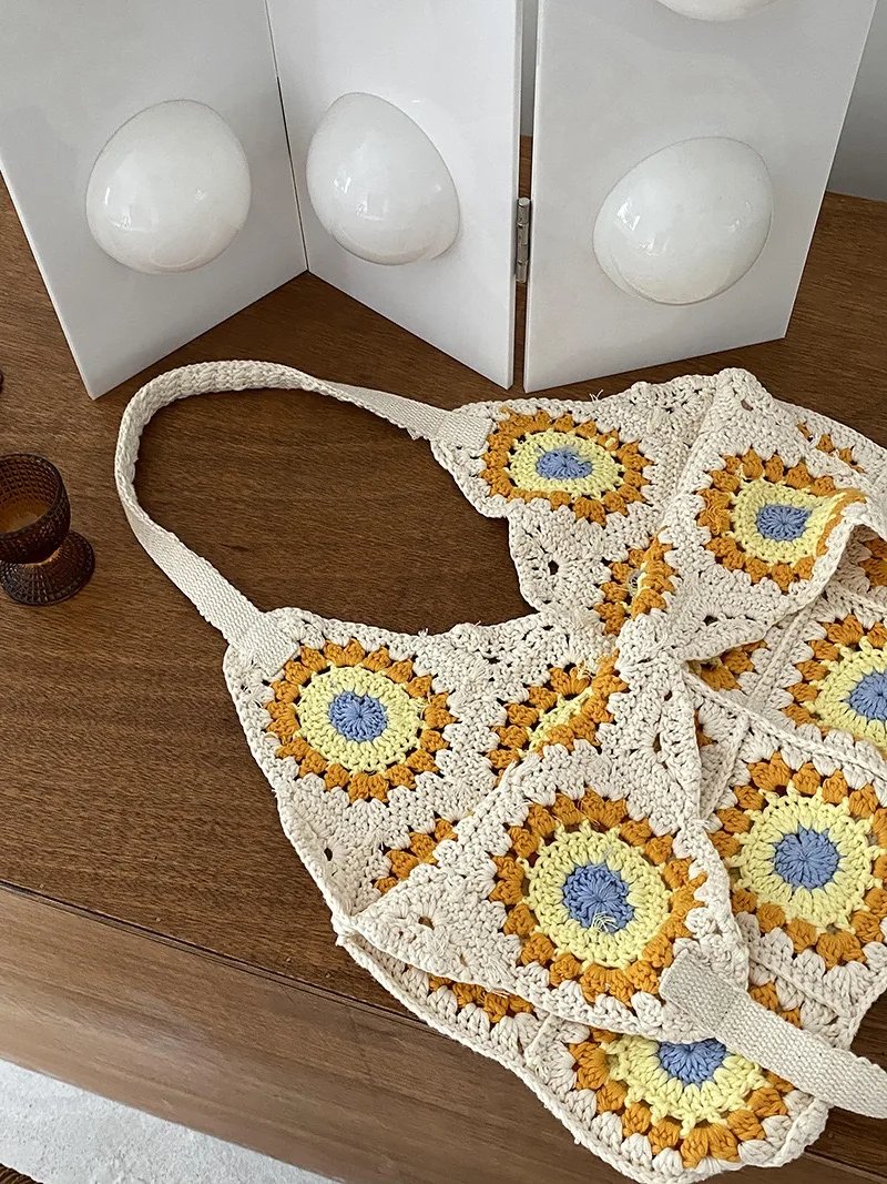 knitted woven shoulder bag woman summer bag beach for girls floral crochet tote bag large fashion shopping bag 2024 new