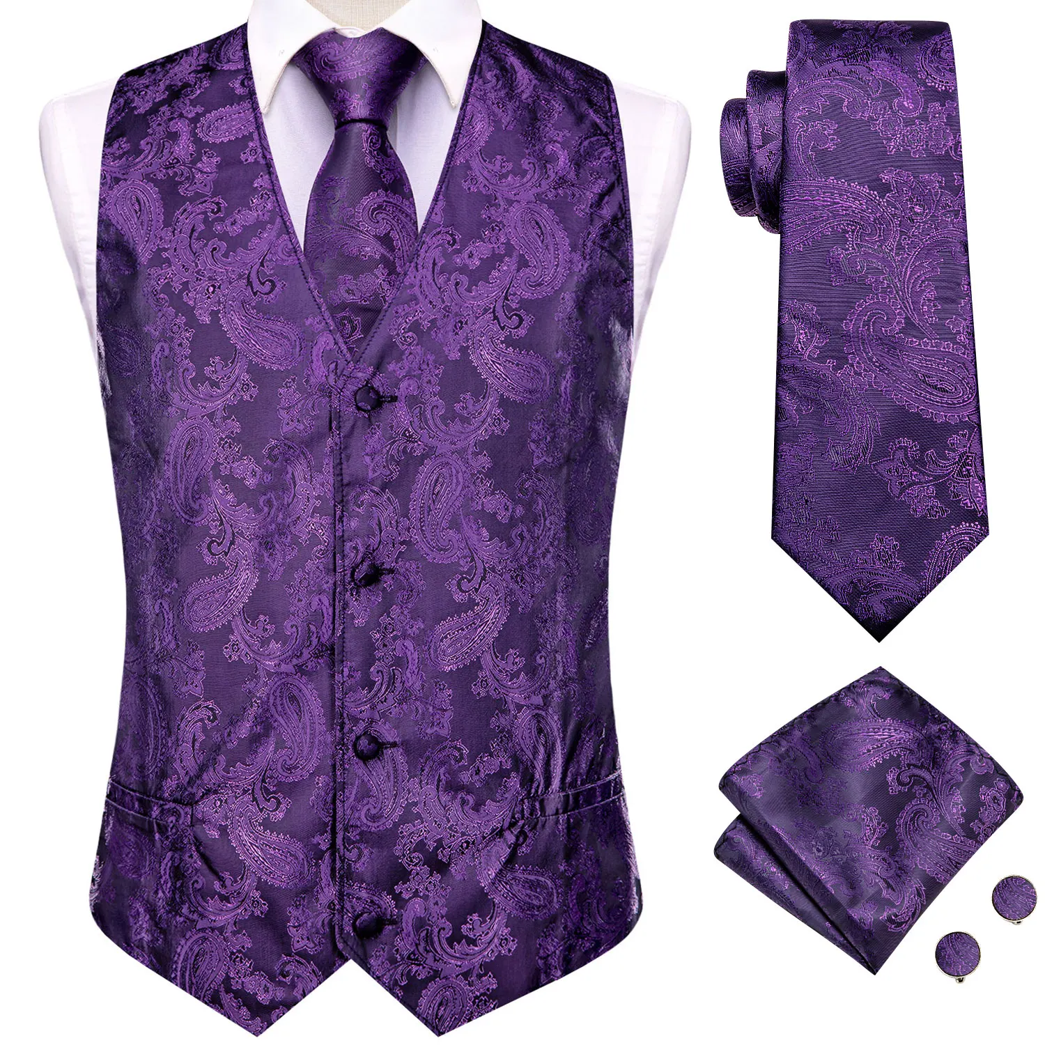 Hi-Tie Purple Silk Mens Suit Vests 4PCS Woven Paisley Waistcoat Tie Pocket Square Cufflinks Business Wedding Dress Waist Jacket