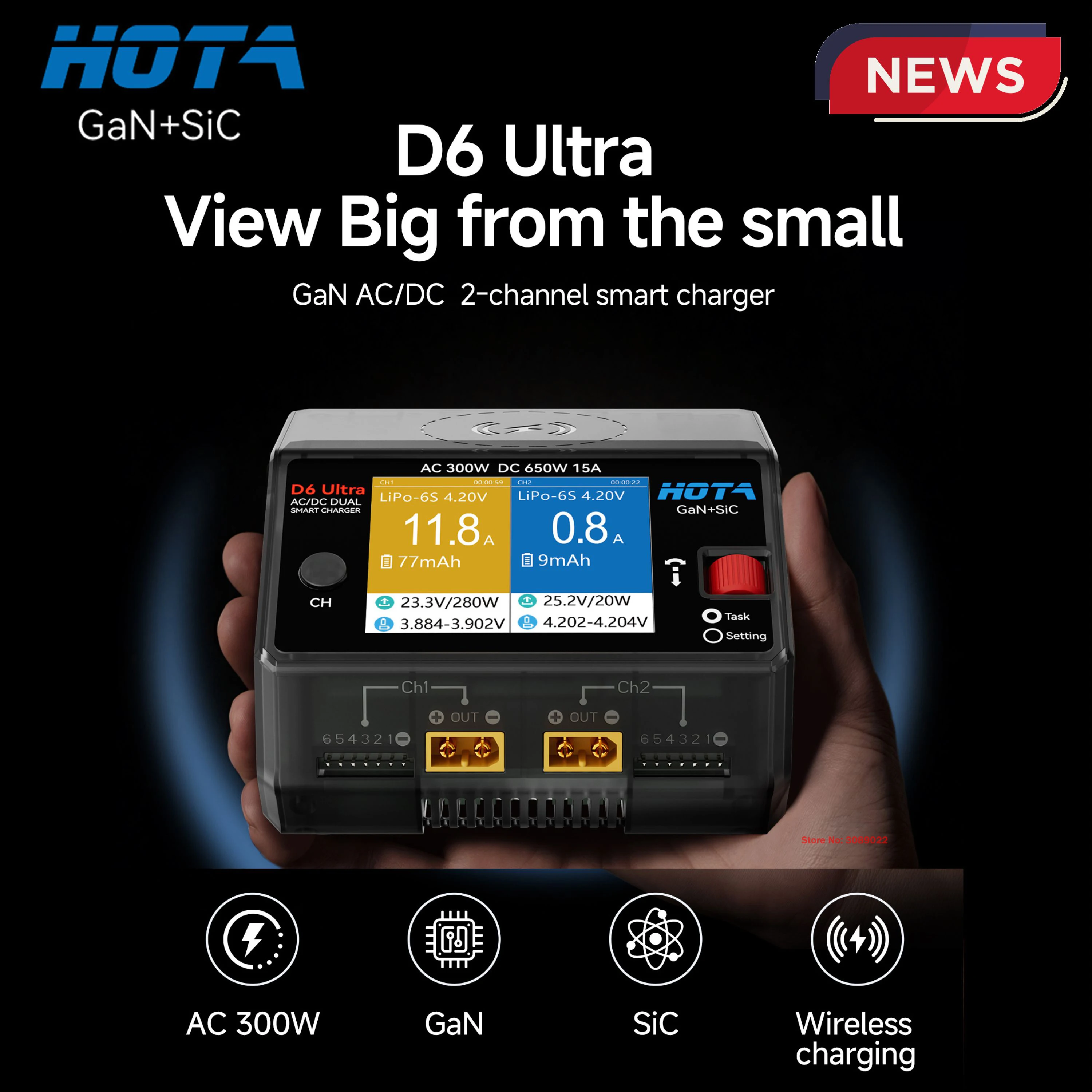 HOTA D6 Ultra AC 300W GaN+SiC DC 650W ‌Dual Channel Charger FPV Charging For 1-6S Lipo LiHV/NiZn/Nicd/NiMH Battery Drones XT60