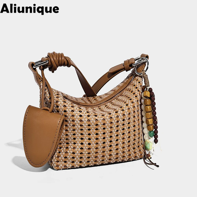Casual Woven Tote Bag Women Bohemian Bead Charm Crossbody Bag Daily Commuter Handbags Beach Vacation Travel Straw Purse Hobo Bag