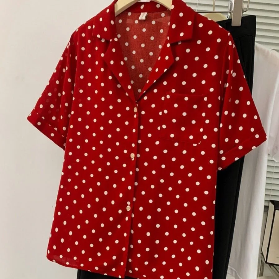 Vintage Polka Dot Print Red Shirts Women Summer Short Sleeve Button-Up Chiffon Blouses Retro Elegant Top