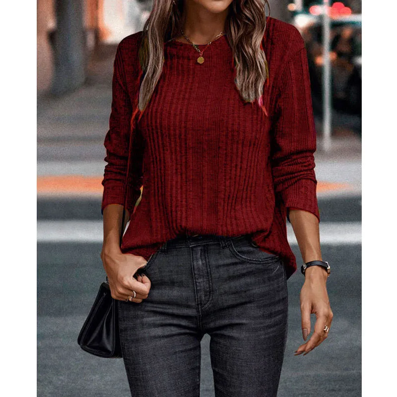 2023 Autumn New Women\'s Fashion Commuter Loose Casual Comfortable Versatile Solid Color Warm Long Sleeve T-shirt