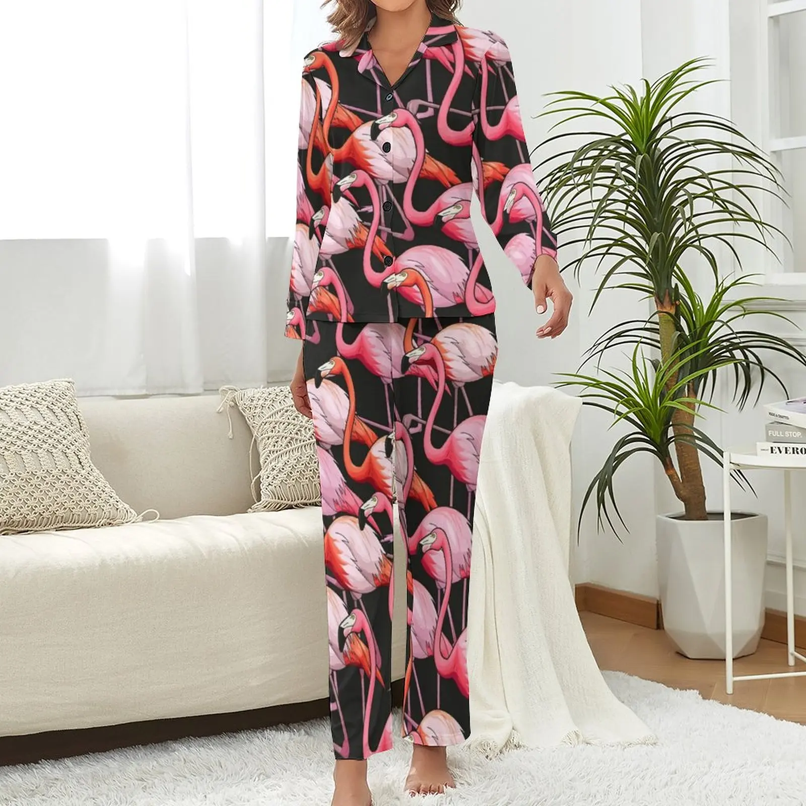 Tropical Flamingo Pajamas Womens Colorful Bird Print Kawaii Home Suit Long-Sleeve Two Piece Sleep V Neck Custom Pajamas Set