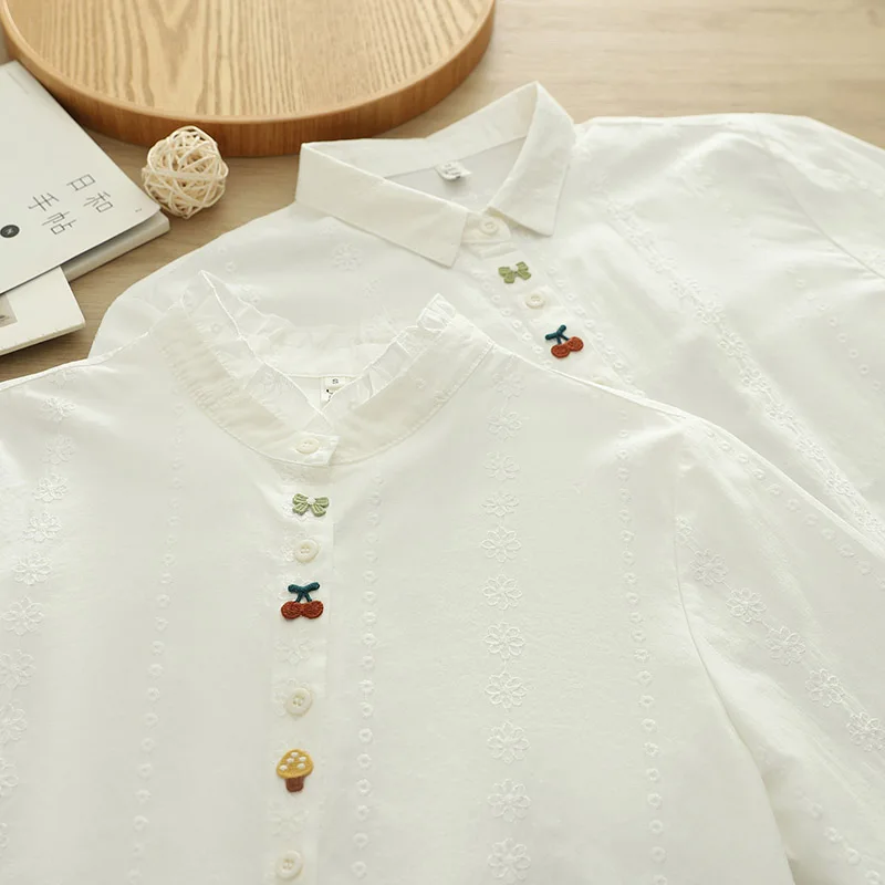 

New Arrival Spring Fall Long Sleeve Shirt for Women 100% Cotton Solid White Color All-match Bottom Tops Retail Wholesale S192