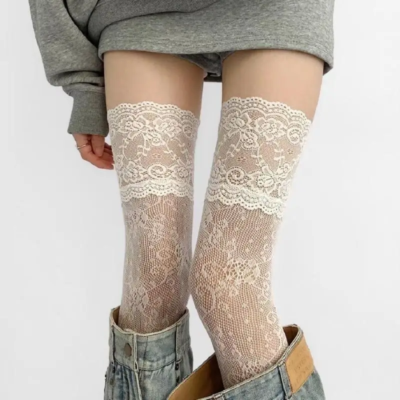 

Women's Sexy Lace Trim Nylon Fishnet Stockings Retro Floral Sweet Mesh Breathable Thigh High Long Socks JK Over The Knee Socks