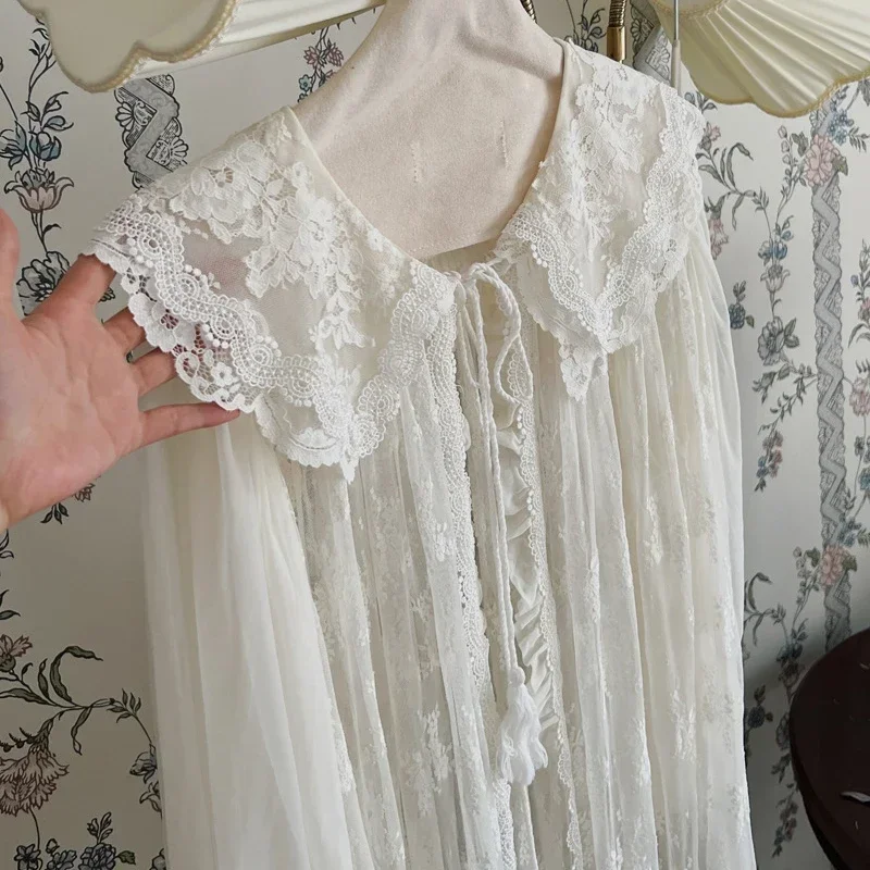 Fairy Women White Mesh Long Peignoir Dress Gown Vintage Victorian Nightgowns Princess Sleepwear Embroidery Lace Robe Night Dress