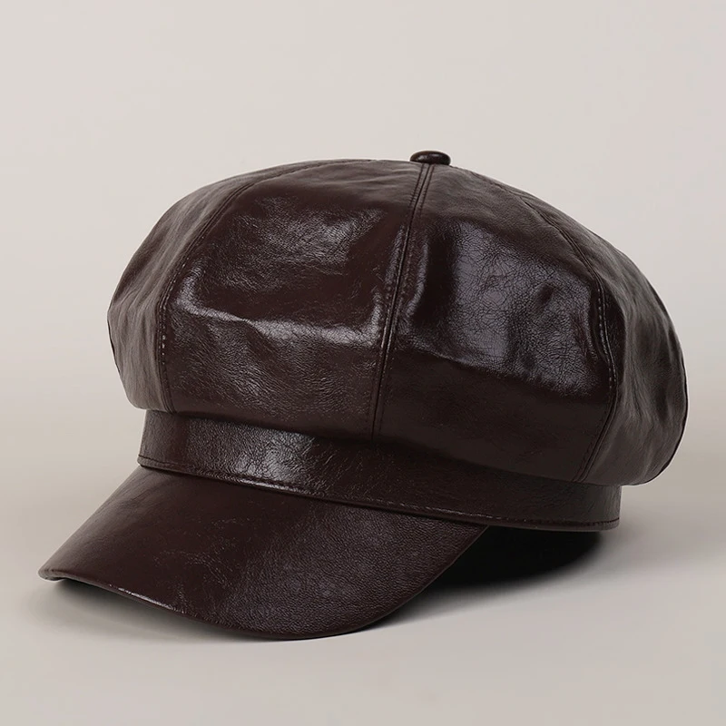 

PU Leather Octagonal Hat Women Autumn Windproof Warm Newsboy Cap Accessory For Winter Outdoor Casual