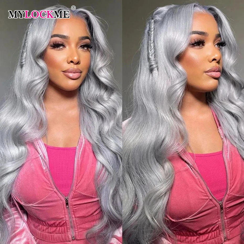 Silver Gray Lace Front Human Hair Wig Body Wave 13x4 Transparent Lace Frontal Wigs For Women Pre Plucked 180% 32 34Inch On Sale